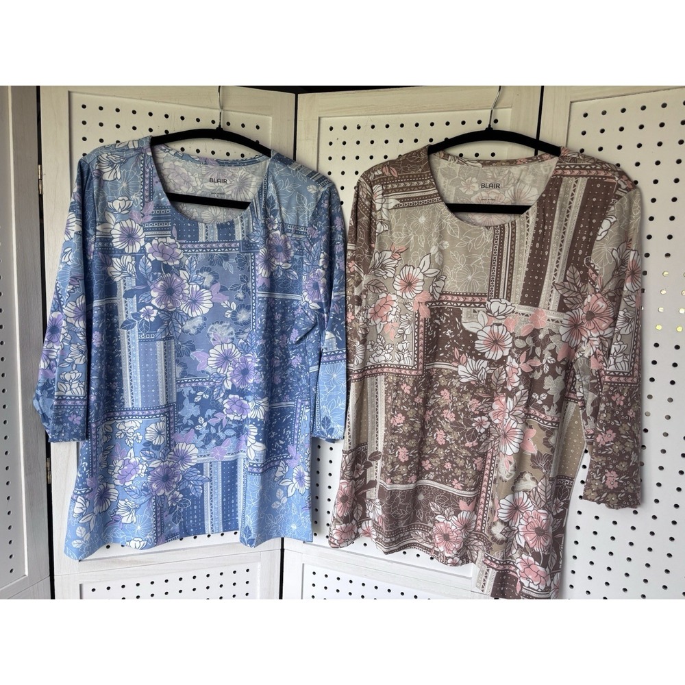 LOT/2 BLAIR Women's Lg 3/4 SLV Cotton Blend Tee Shirts Floral Blue / Brown